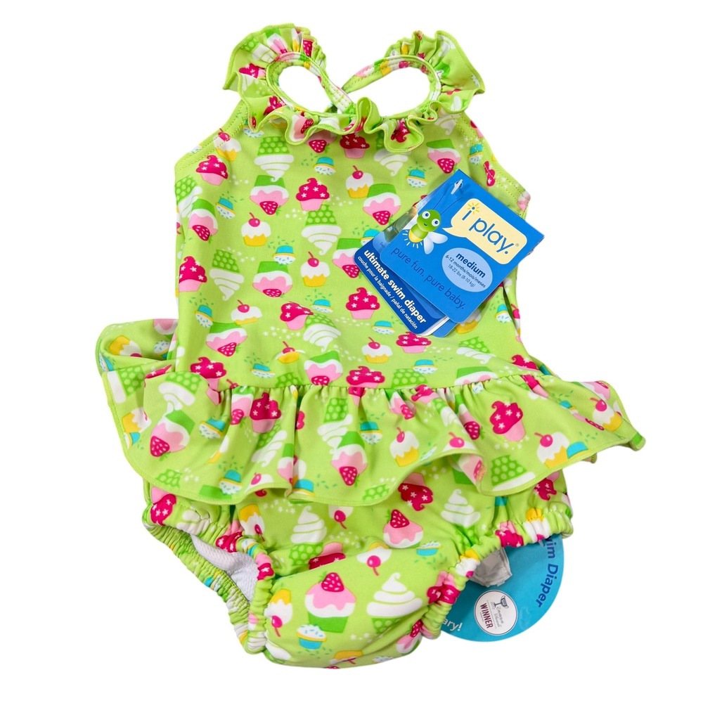 I Play Baby Girl Cupcake Ruffle Swim Diaper One Piece Green Size 6-12 Months